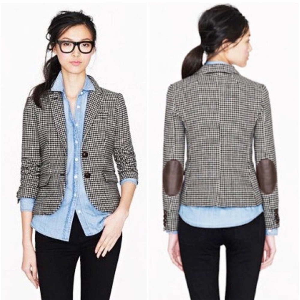 J.Crew Schoolboy Blazer Wimens Size 8 Black Houndstooth Wool Leather Elbow Patch